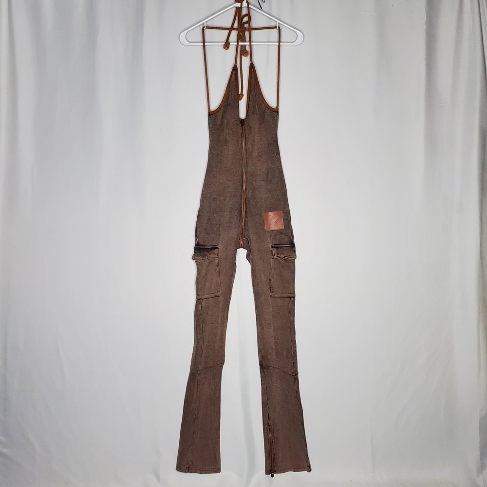 Ribbed Halter Bodycon Jumpsuit Women Medium Brown Zipper Cargo Urban Baddie - Picture 14 of 14